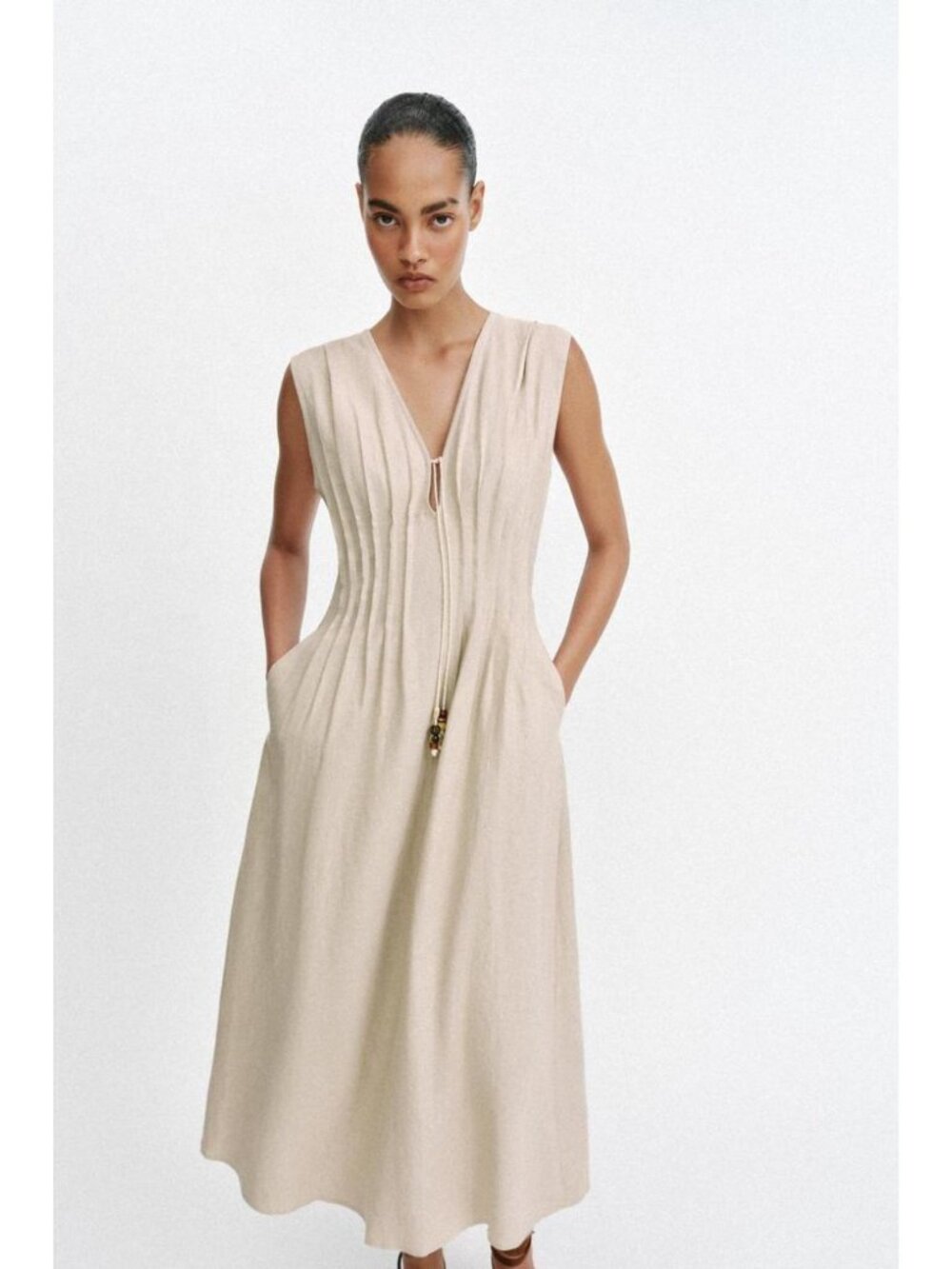 ZARA DRAWSTRING LINEN MIDI DRESS